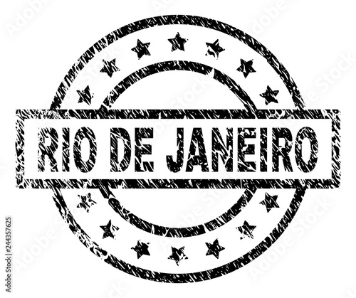 RIO DE JANEIRO stamp seal watermark with distress style. Designed with rectangle, circles and stars. Black vector rubber print of RIO DE JANEIRO title with retro texture.