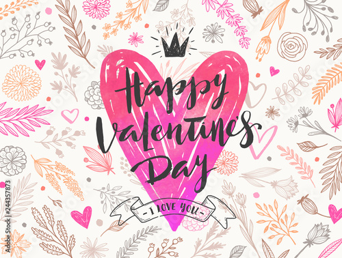 Happy Valentine's day - Greeting card. Brush calligraphy and hand drawn heart on floral pattern background. Vector illustration.