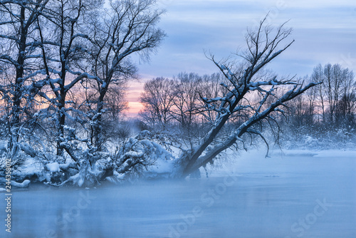 Snowy frozen landscape of sunrise on lakeside with trees