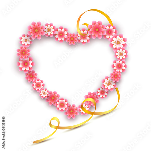 Heart shape from paper-cut flowers for Valentines Day with curly gold ribbon isolated on white background