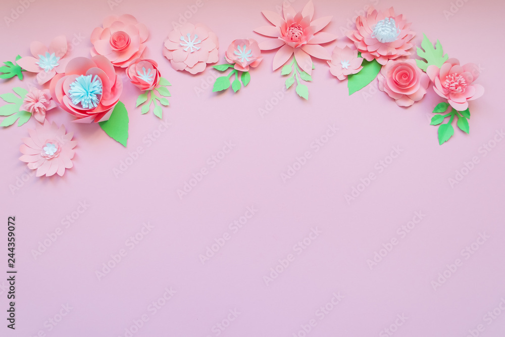 Different pink paper flowers on pink background Different pink paper flowers on pink background