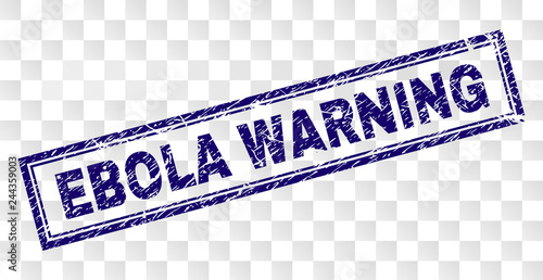 EBOLA WARNING stamp seal print with dirty style and double framed rectangle shape. Stamp is placed on a transparent background. Blue vector rubber print of EBOLA WARNING tag with dirty texture.