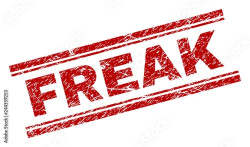 FREAK seal print with distress texture. Red vector rubber print of FREAK text with corroded texture. Text caption is placed between double parallel lines.