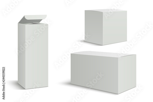 White boxes mockup. Blank 3d pack box for medicine cosmetic products. Long tall rectangle paper packaging with shadows vector isolated
