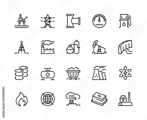 Heavy industry line icons. Oil gas production nuclear electric station fuel refinery barrel. Power storage industrial vector icons