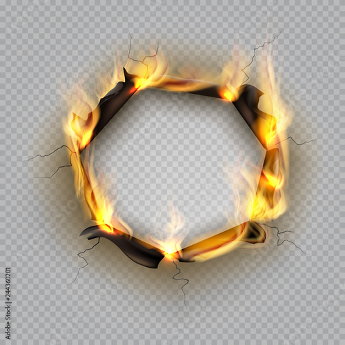 Paper burn hole. Flame edge effect burnt effect torn explode border destroyed page heat cracked frame. Vector paper fire hole