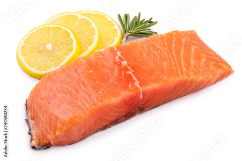 fillet of red fish salmon with lemon rosemary isolated on white background