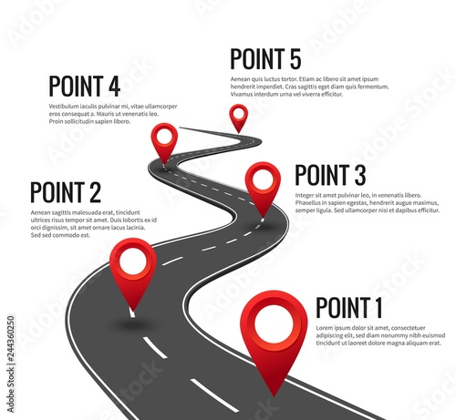Road infographic. Curved road timeline with red pins checkpoint. Strategy journey highway with milestones vector concept