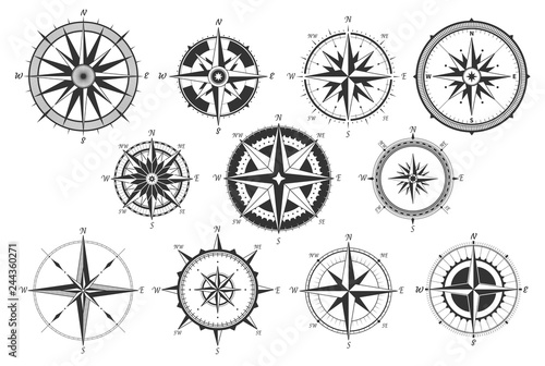 Vintage compass. Nautical map directions vintage rose wind. Retro marine wind measure. Windrose compasses vector icons isolated photo