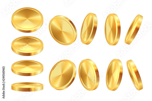 Golden coin animation. Realistic money casino currency golden dollar coins game coins template. Vector 3D cash jackpot