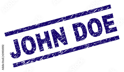 JOHN DOE seal print with distress style. Blue vector rubber print of JOHN DOE title with grunge texture. Text title is placed between parallel lines.