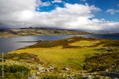 Lake in the prairies of the interior of southern Norway on a cloudy day.