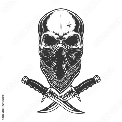 Vintage monochrome skull in bandana
