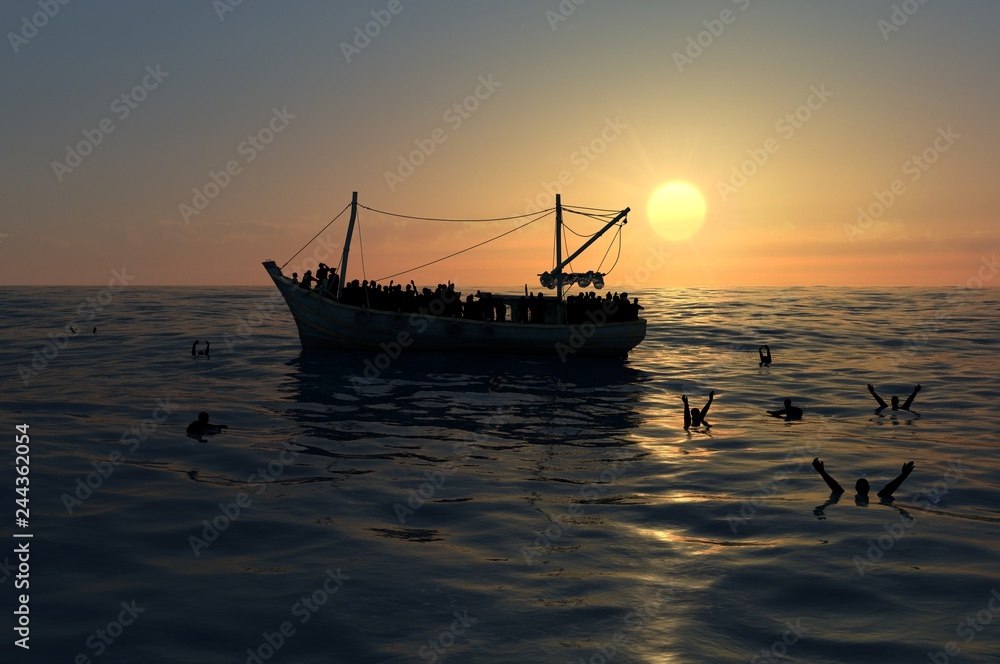 Nave con profughi a bordo che richiedono aiuto. Mare con persone in acqua che chiedono aiuto. Migranti che attraversano il mare