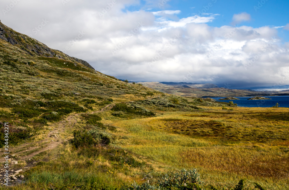 Lake in the prairies of the interior of southern Norway on a cloudy day.