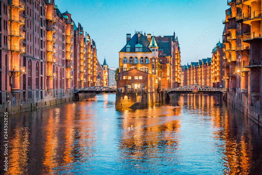 Hamburg Speicherstadt at twilight, Germany