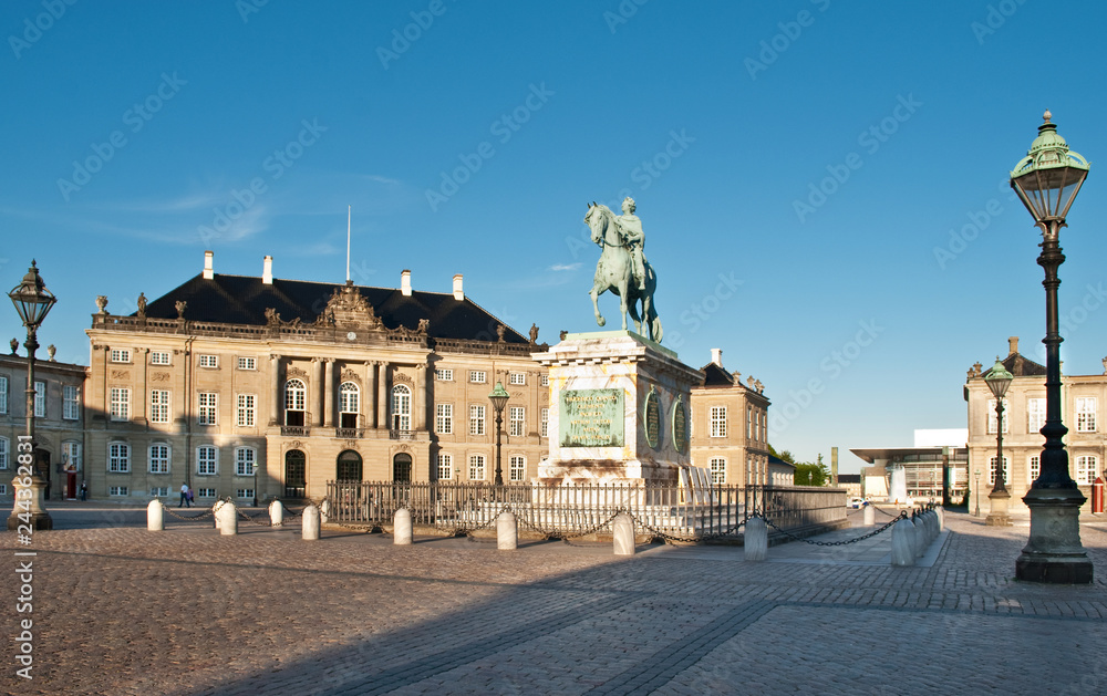Amalienborg Palace in Copenhagen, Denmark. Royal family and monarchs residence.