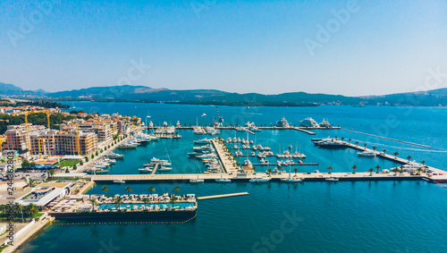aerial view of yachts in city docks of montenegro photo
