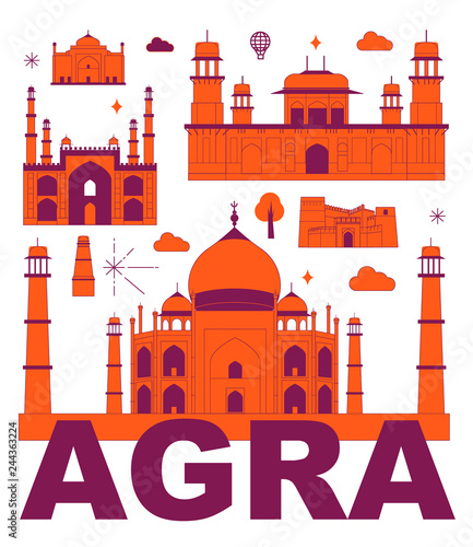 Agra culture travel set, famous architectures and specialties in flat design. Business travel and tourism concept clipart. Image for presentation, banner, website, advert, flyer, roadmap, icons