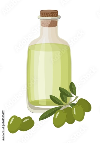 Bottle of Extra virgin healthy Olive oil and fresh green olives with leaves. Vector illustration on white background