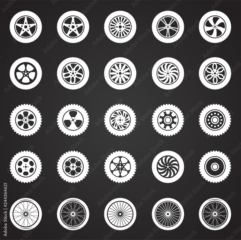 Wheel icons set on black background for graphic and web design, Modern simple vector sign. Internet concept. Trendy symbol for website design web button or mobile app Wheel icons set on black background for graphic and web design, Modern simple vector sign. Internet concept. Trendy symbol for website design web button or mobile app