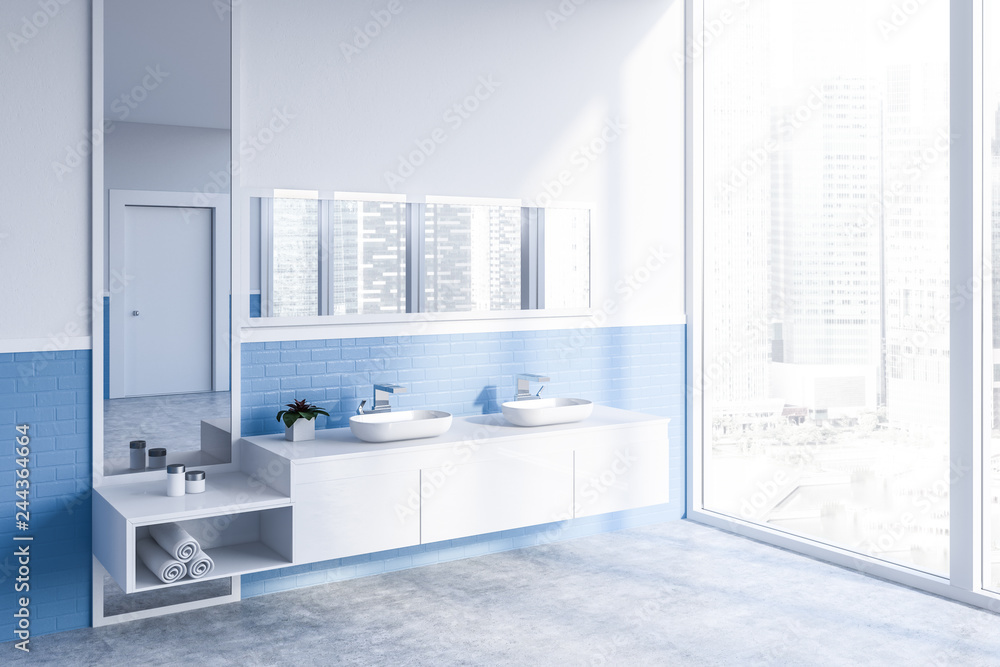 Fototapeta premium White and blue bathroom corner, double sink