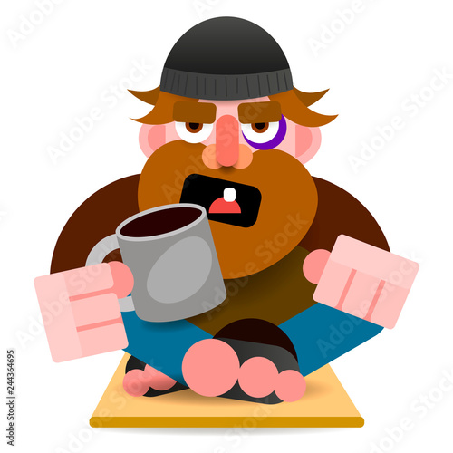 The Beggar Sits On A Cardboard With A Mug And Asks For Alms. Vector