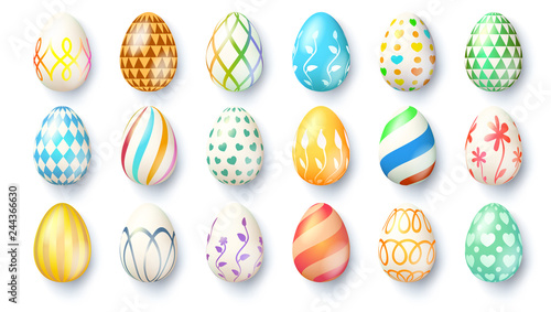 Big set of Easter eggs isolated on white background. Hand made collection of Easter eggs lying on the surface with different textures and paintings. Realistic icons for spring holidays