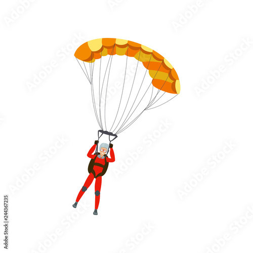 Skydiver engaged in a dangerous sport making jumps in the sky with a parachute. Extreme sport.