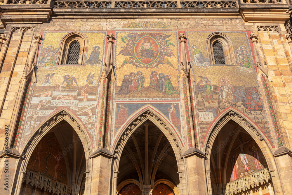 Colourful and gilded mosaics which combine to produce a stunning scene of the Last Judgement above the southern door of St Vitus Cathedral in Prague Castle.