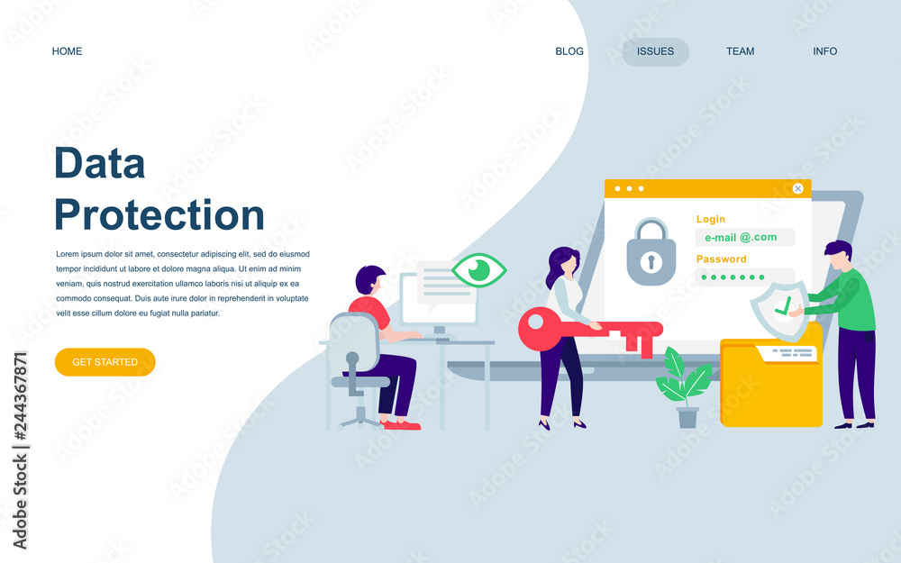 Modern flat web page design template of Data Protection decorated people character for website and mobile website development. Flat landing page template. Vector illustration. Modern flat web page design template of Data Protection decorated people character for website and mobile website development. Flat landing page template. Vector illustration.