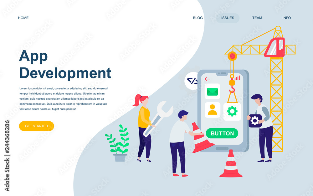Modern flat web page design template of App Development decorated people character for website and mobile website development. Flat landing page template. Vector illustration. Modern flat web page design template of App Development decorated people character for website and mobile website development. Flat landing page template. Vector illustration.