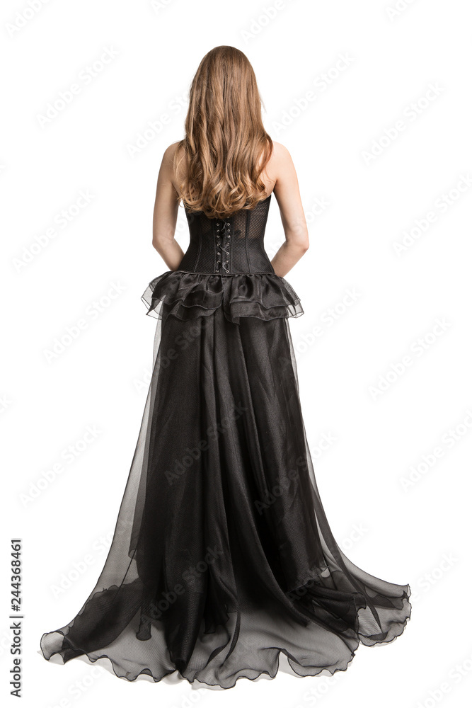 Fashion Model Black Dress, Woman Long Gown Back Rear View, Girl Looking Away Isolated over White Background