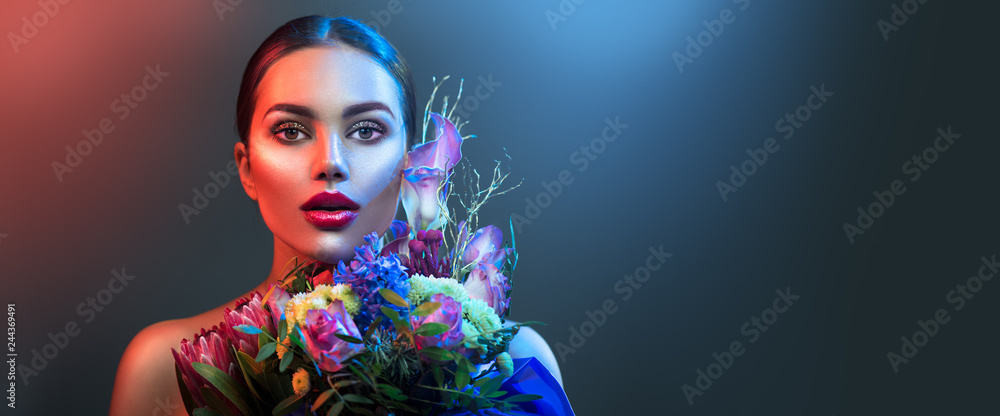 Fashion model woman in neon light, beautiful sexy girl lips with colorful bright fluorescent makeup - obrazy, fototapety, plakaty 