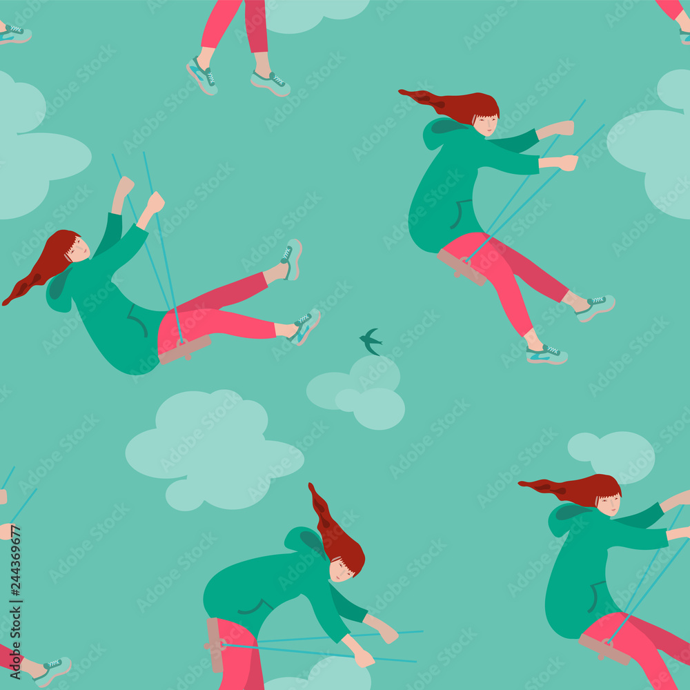 Swinging girl flying high up to the clouds. Vector seamless pattern. Hand drawn illustration in flat colors.
