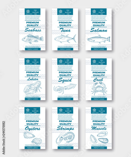 Premium quality fish and seafood vertical labels set.