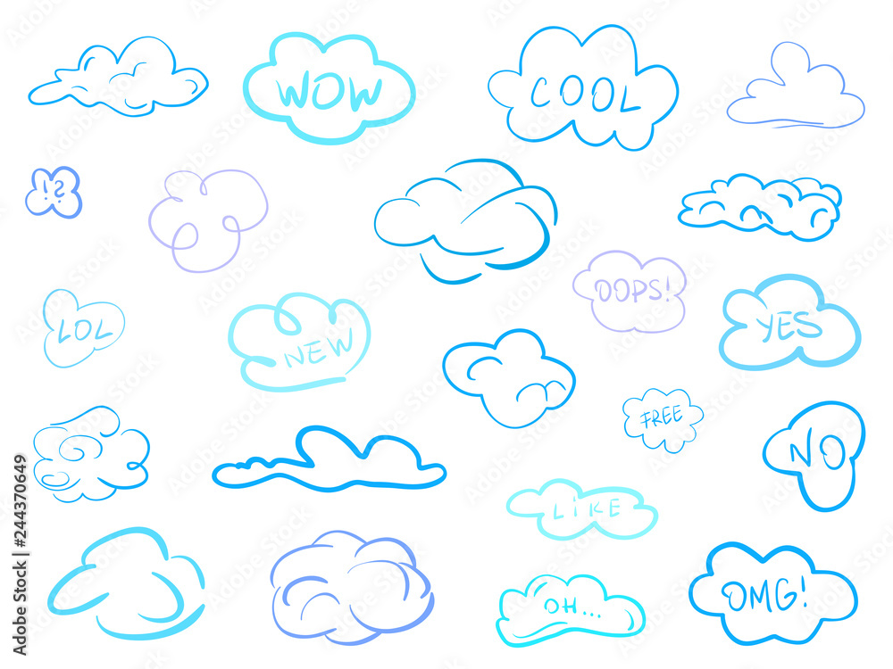 Colorful clouds on isolation background. Sketchy doodles on white. Hand drawn infographic elements. Colored illustration. Sketches for artworks Colorful clouds on isolation background. Sketchy doodles on white. Hand drawn infographic elements. Colored illustration. Sketches for artworks