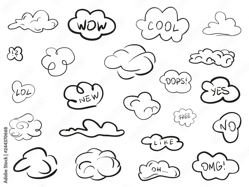 Clouds on isolation background. Sketchy doodles on white. Hand drawn infographic elements. Black and white illustration. Sketches for artworks