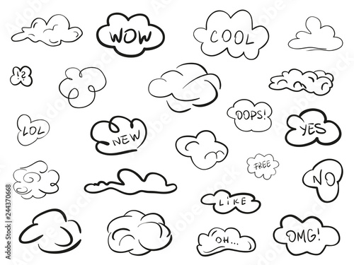 Clouds on isolation background. Sketchy doodles on white. Hand drawn infographic elements. Black and white illustration. Sketches for artworks
