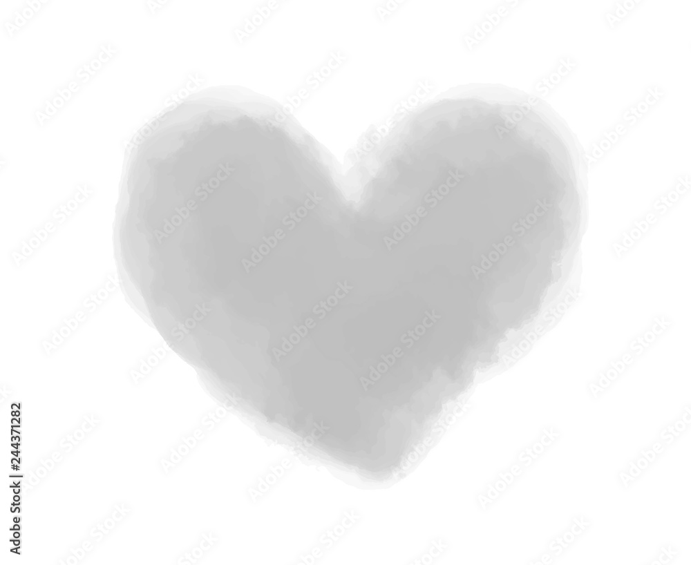 Watercolor digital heart on white. Aquarelle blotch on isolated background. Blur stain. Hand drawn spot for design and work. Black and white illustration