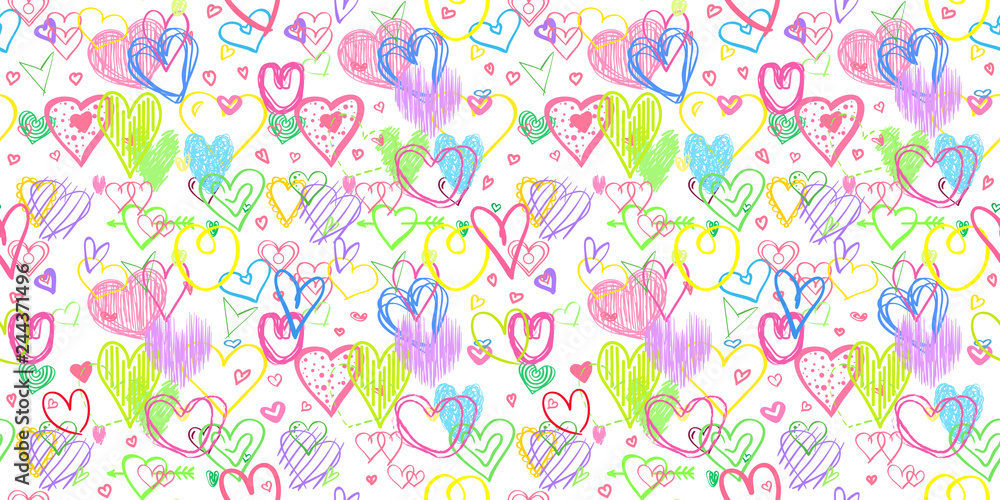 Hand drawn background with colored hearts. Seamless grungy wallpaper on surface. Abstract texture with love signs. Lovely pattern. Line art. Print for banner, flyer or poster. Colorful illustration