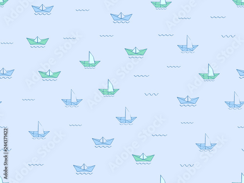 Paper ship on water waves seamless pattern. Blue sketch origami ships, boats, cute doodle baby elements. Sea, delivery concept. Childish background. Hand drown design for boys. Vector illustration