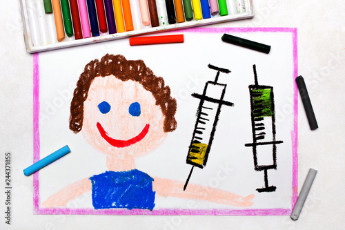 Wallpaper Mural Colorful drawing: Child vaccination. Smiling boy and syringe. Protective vaccination Torontodigital.ca