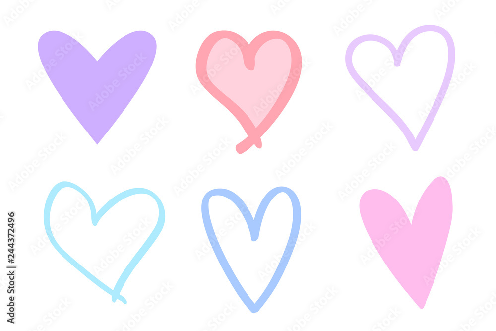 Colorful trendy hearts on isolated white background. Hand drawn set of love signs. Abstract image for design. Line art creation. Colored illustration. Sketchy elements for artworks