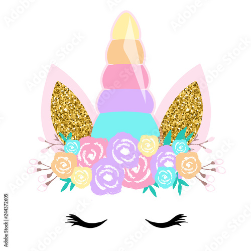  Cute unicorn vector graphic design. Cartoon unicorn head with flower crown illustration 
