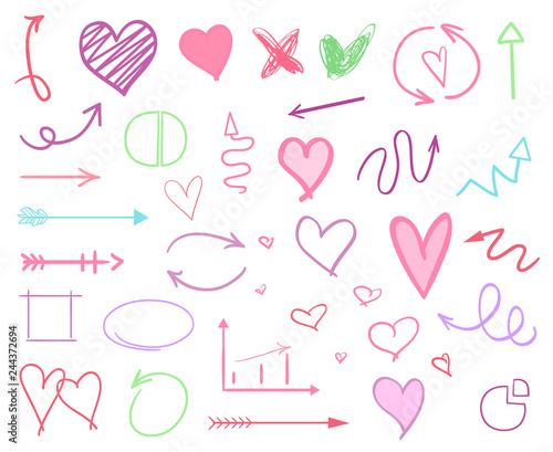 Colorful infographic elements isolated on white. Set of different indicator signs. Tangled hand drawn simple objects. Line art. Abstract colored arrows and shapes. Symbols for work