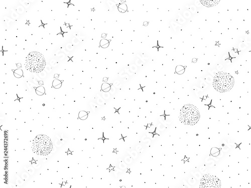 Cosmos, space, planets, stars seamless pattern. Space, univrse black and white sketch. Galaxies and stars cute doodle baby elements. Childish background. Hand drown design for kids Vector illustration
