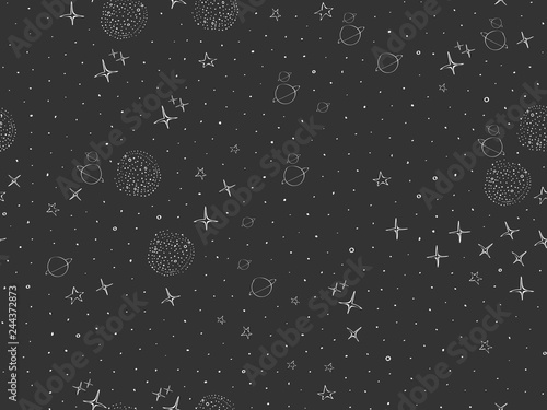 Cosmos, space, planets, stars seamless pattern. Space, univrse black and white dark sketch. Night sky, Galaxies cute baby doodle. Childish background. Hand drown design for kids Vector illustration