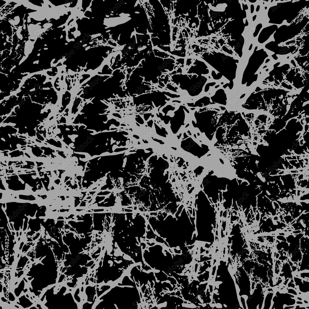 Dark expressive abstract roughly scratced seamless pattern. Black randomly cracked and stained grunge background.Old damaged texture.Textile, fabric, package, poster, print, wrapping, wallpaper design