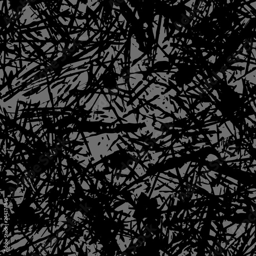 Dark expressive abstract roughly scratced seamless pattern. Black randomly cracked and stained grunge background.Old damaged texture.Textile, fabric, package, poster, print, wrapping, wallpaper design